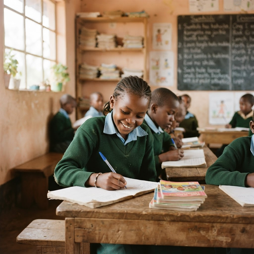 Children learning in a bright classroom